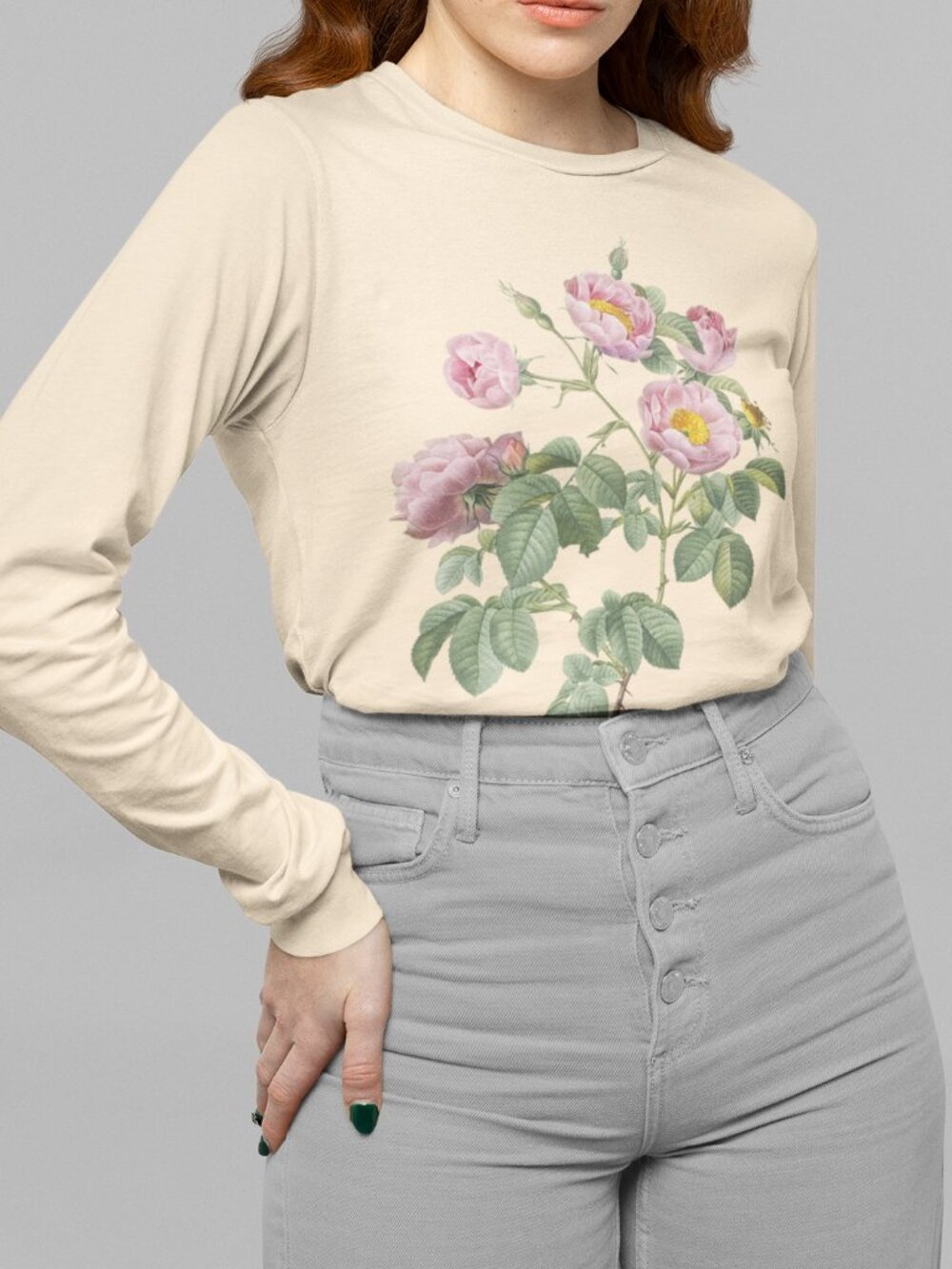 Tomentose Rose Vintage Floral Print Long Sleeve Graphic Tee T-shirt S-XXL